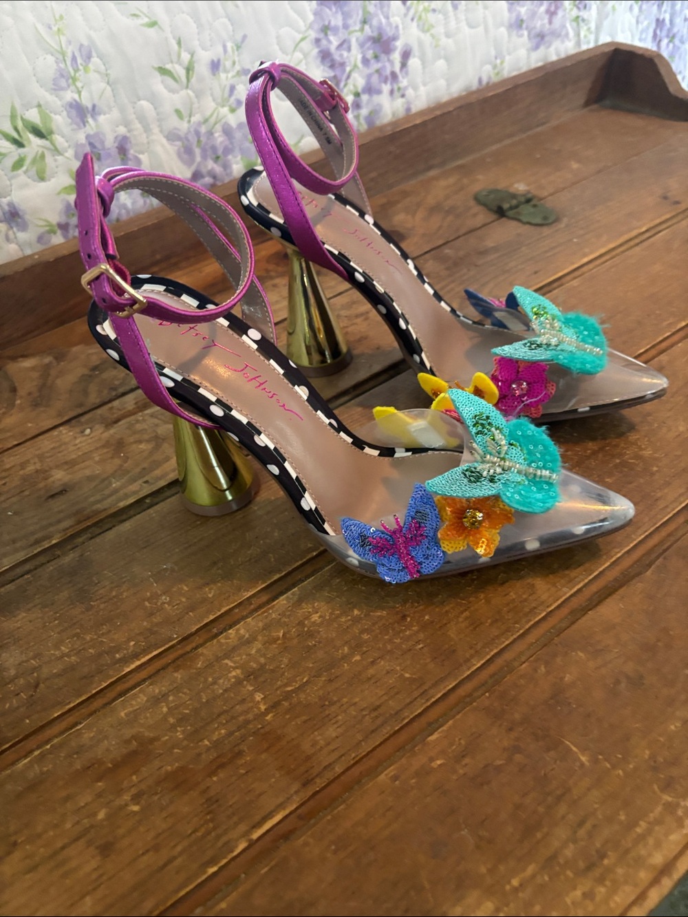 Betsy Johnson Clear Pointed Heels with Multicolor Floral Embellishments